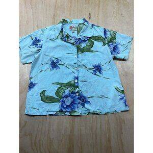 Hilo Hattie Hawaiian Shirt Blues XL Cotton Womens Button Down Short Sleeve